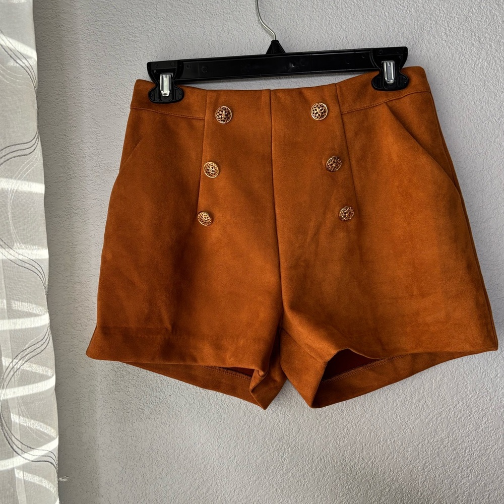 Burnt Orange High Waisted Suede Shorts Ft. Decorative Gold Buttons & Pockets - Picture 3 of 11